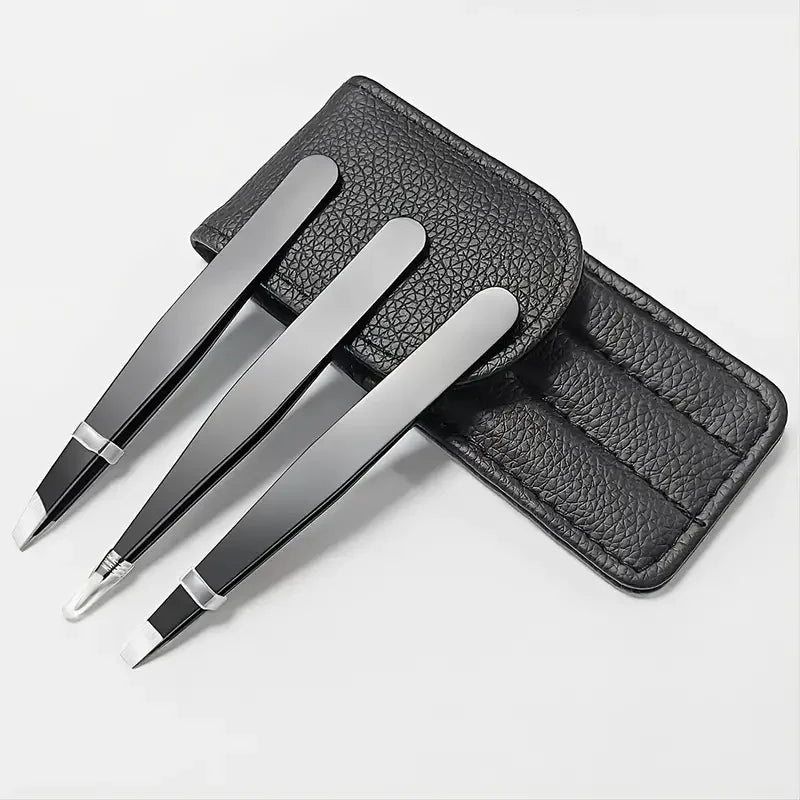 3pcs Premium Stainless Steel Tweezers Set – Precision Flat, Slant & Pointed Tip for Eyebrows, Ingrown Hairs & Facial Grooming