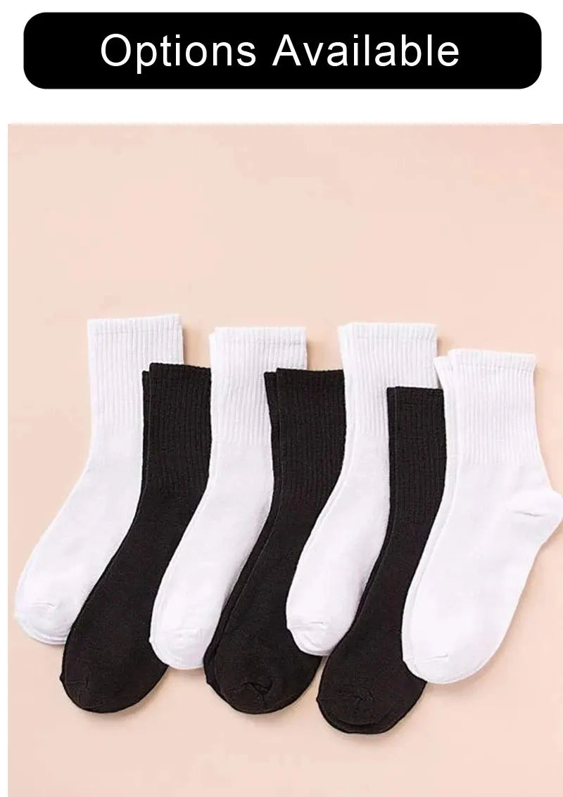 7 Pairs of Women's Classic Black and White Solid Color Casual Socks