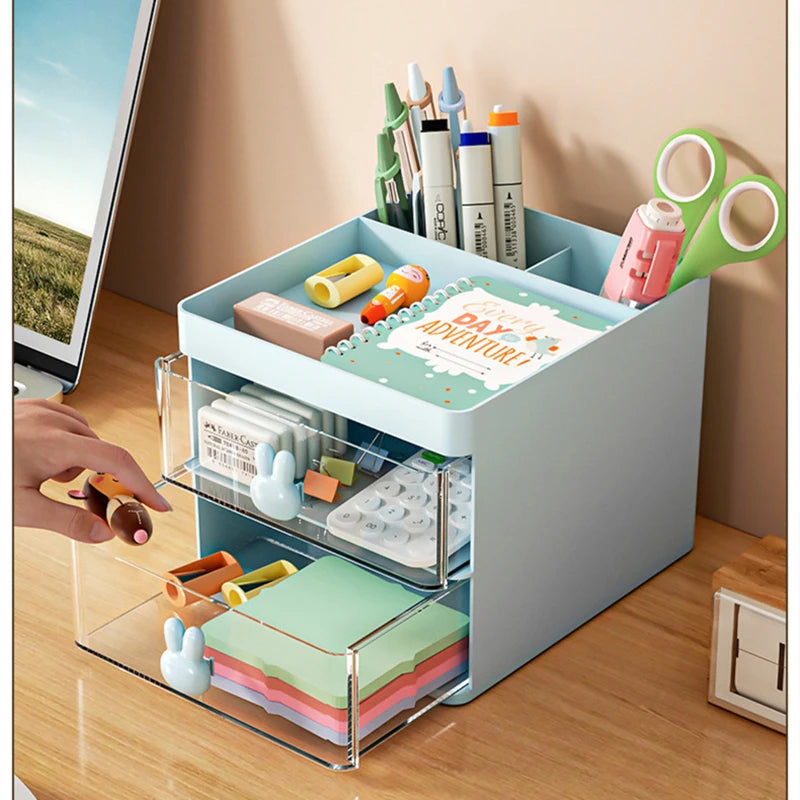 Transparent Drawer Cartoon Rabbit Storage Box - 2-Layer Creative Pen Holder for Kids' Cosmetics and Stationery