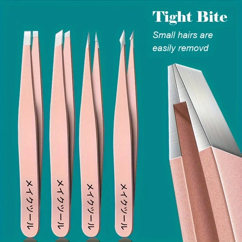 4pcs Multi-Use Precision Stainless Steel Tweezers – Versatile Tips for Eyebrow, Facial Hair, Splinter, and Blackhead Removal