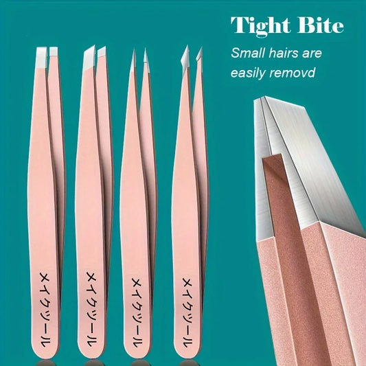 4pcs Multi-Use Precision Stainless Steel Tweezers – Versatile Tips for Eyebrow, Facial Hair, Splinter, and Blackhead Removal