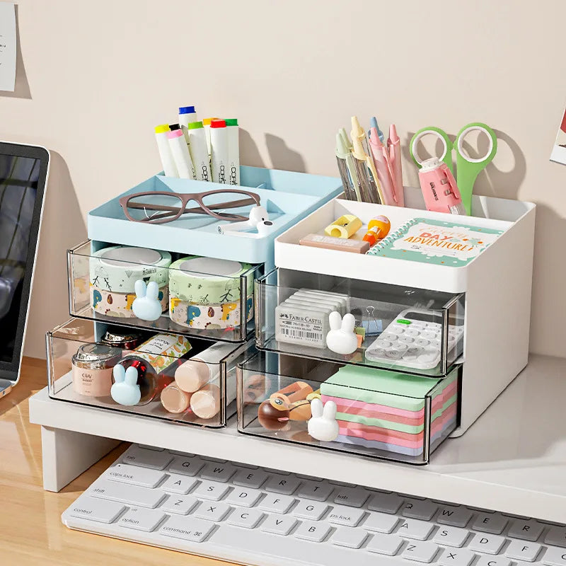 Transparent Drawer Cartoon Rabbit Storage Box - 2-Layer Creative Pen Holder for Kids' Cosmetics and Stationery