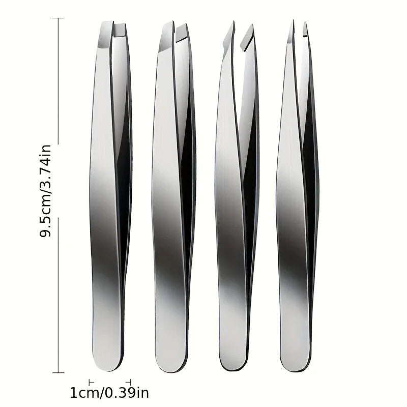 4Pcs Precision Stainless Steel Tweezers – Professional Tools for Perfect Eyebrow Shaping & Facial Hair Removal