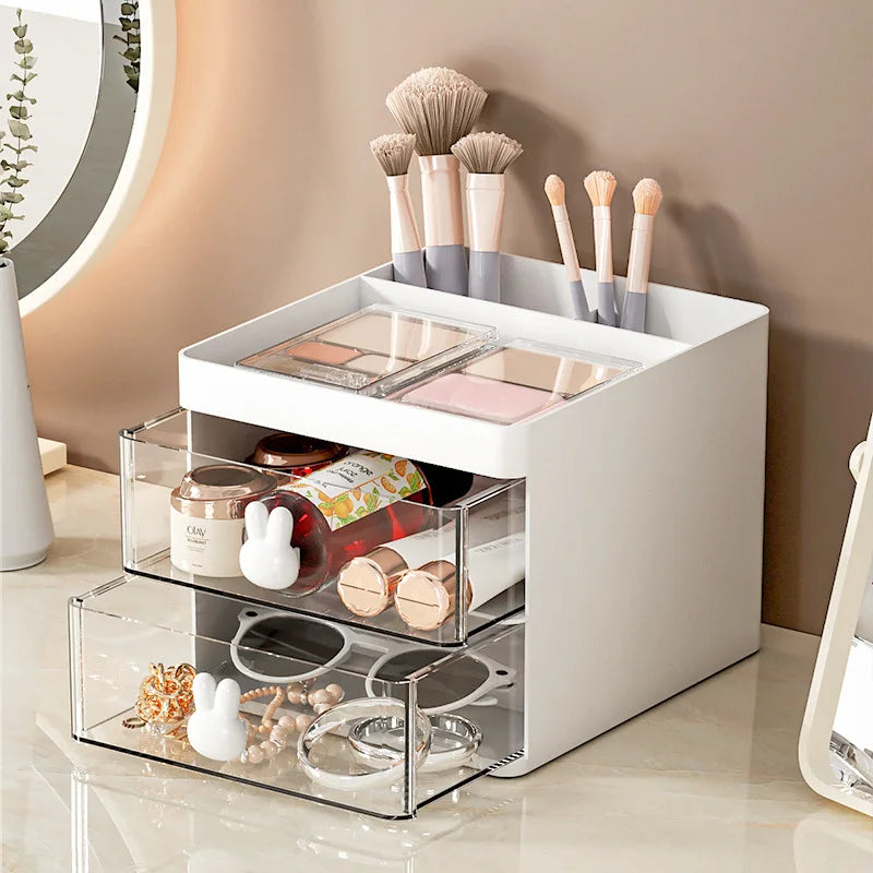 Transparent Drawer Cartoon Rabbit Storage Box - 2-Layer Creative Pen Holder for Kids' Cosmetics and Stationery