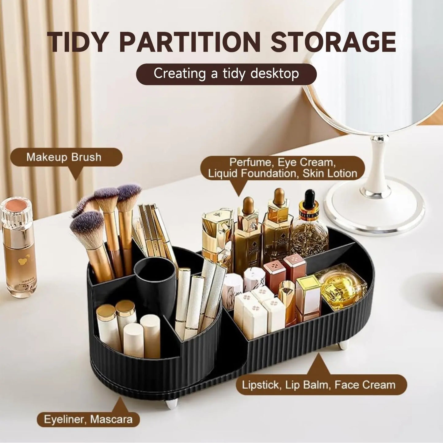 360-Degree Rotating Makeup Organizer - Large Capacity Cosmetic Display Case for Brushes, Eyeliner, and Skincare Storage