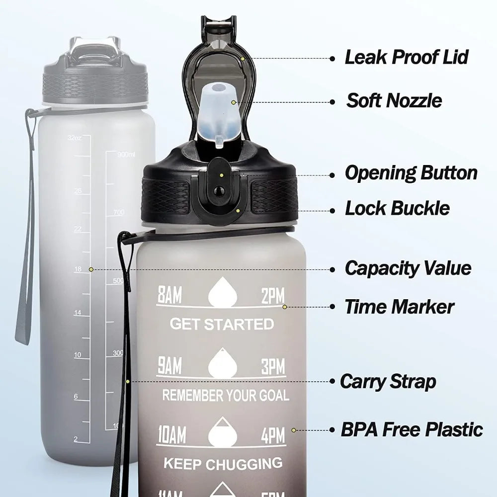 1000ml Motivational Leak-Proof Sports Water Bottle with Time Markers and Straw for Gym and Outdoor Fitness