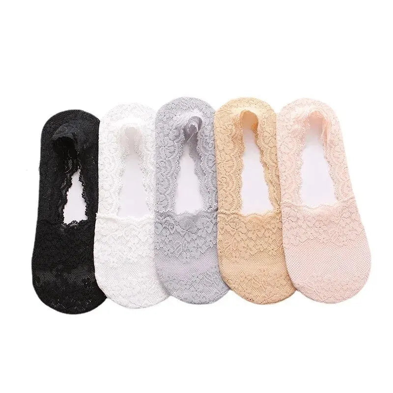 5 Pairs of Women's Cherry Blossom Lace Non-Slip Boat Socks