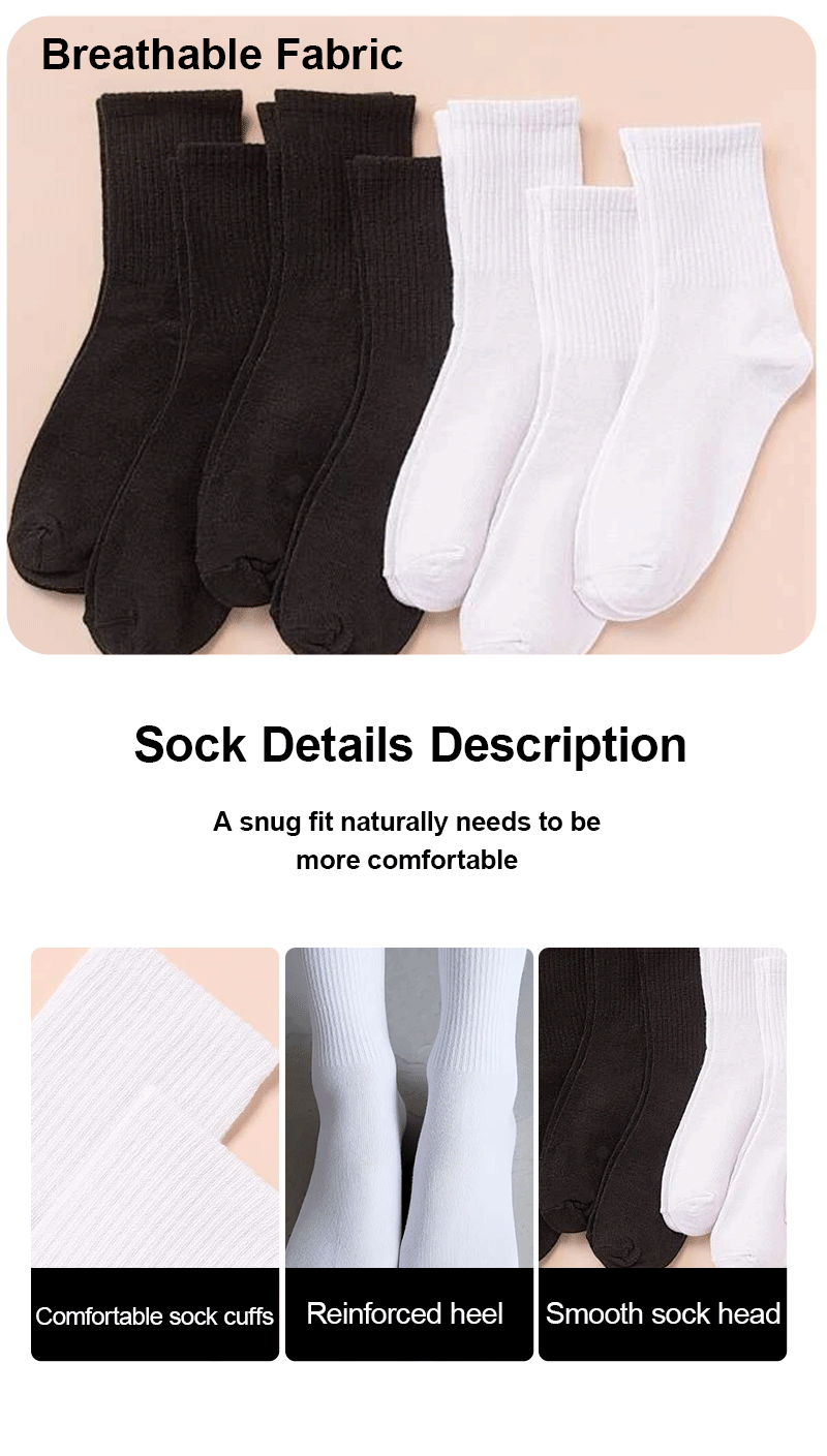 7 Pairs of Women's Classic Black and White Solid Color Casual Socks