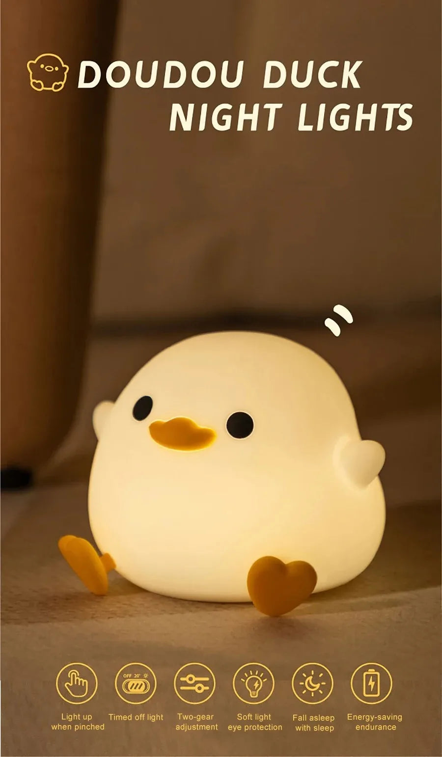 LED Night Light Cute Duck Cartoon Animals Silicone Lamp for Children Kid Touch Sensor Timing USB Rechargeable for Birthday Gifts