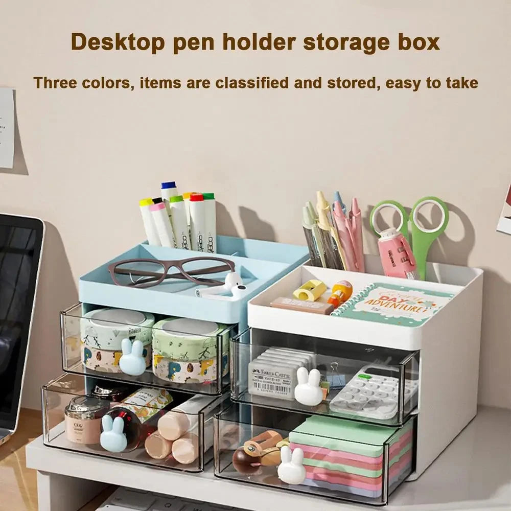 Transparent Drawer Cartoon Rabbit Storage Box - 2-Layer Creative Pen Holder for Kids' Cosmetics and Stationery