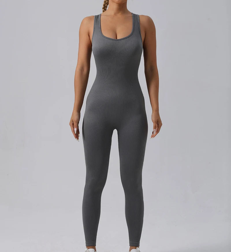 Women’s Seamless Ribbed Tracksuit Yoga Set - Fitness Rompers