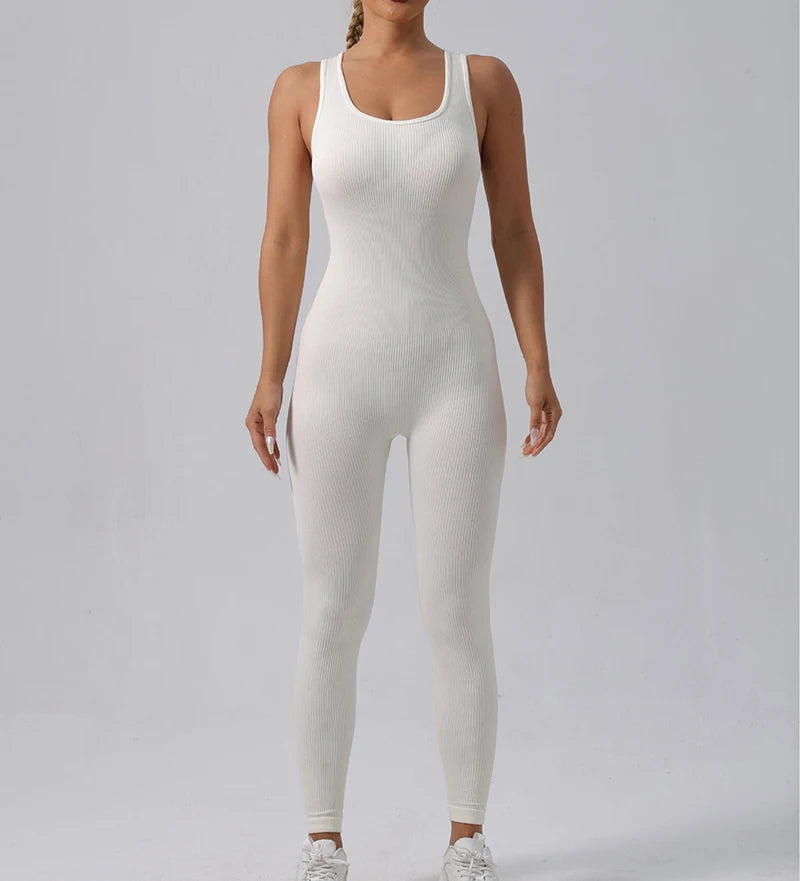 Women’s Seamless Ribbed Tracksuit Yoga Set - Fitness Rompers