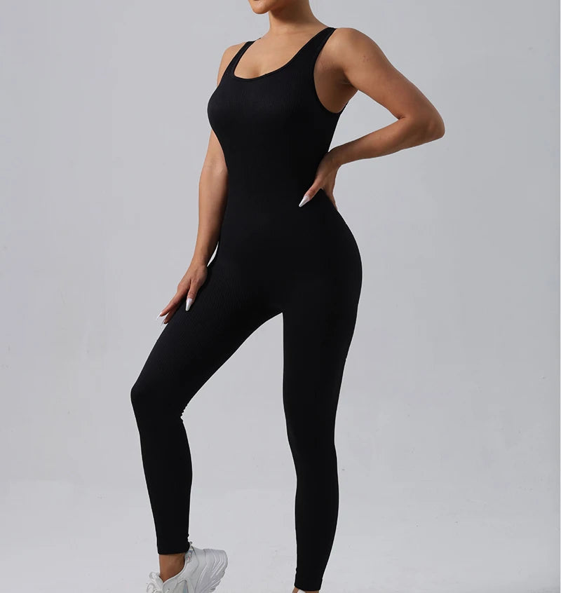 Women’s Seamless Ribbed Tracksuit Yoga Set - Fitness Rompers