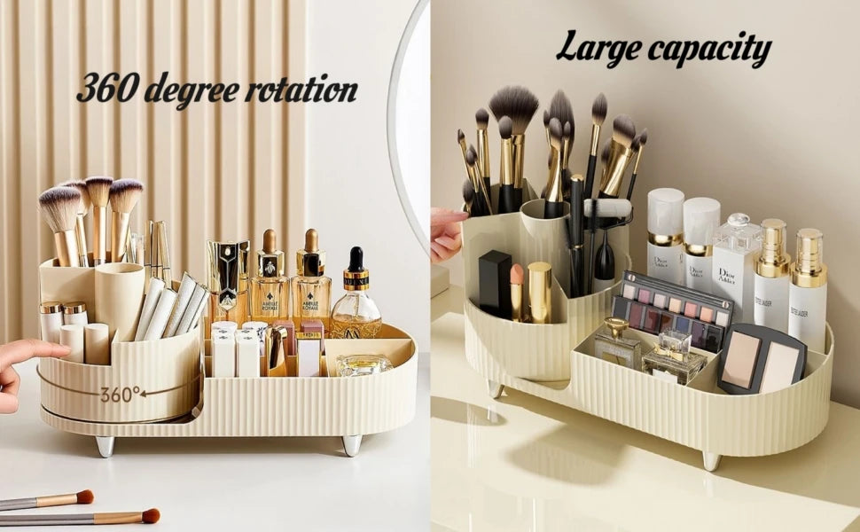 360-Degree Rotating Makeup Organizer - Large Capacity Cosmetic Display Case for Brushes, Eyeliner, and Skincare Storage