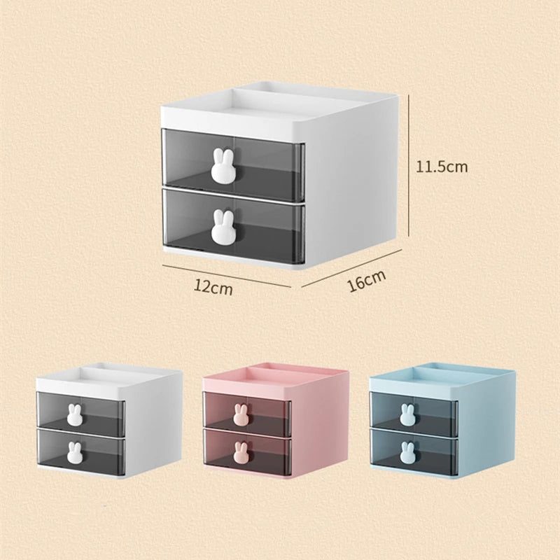 Transparent Drawer Cartoon Rabbit Storage Box - 2-Layer Creative Pen Holder for Kids' Cosmetics and Stationery