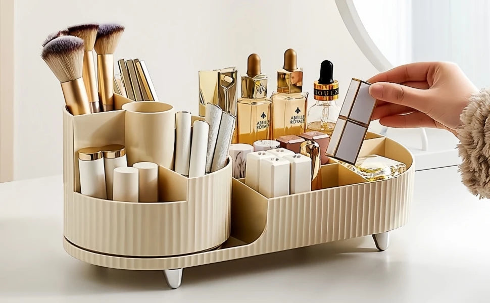 360-Degree Rotating Makeup Organizer - Large Capacity Cosmetic Display Case for Brushes, Eyeliner, and Skincare Storage