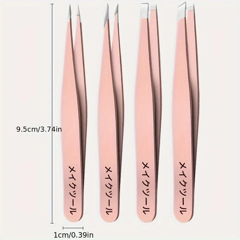 4pcs Multi-Use Precision Stainless Steel Tweezers – Versatile Tips for Eyebrow, Facial Hair, Splinter, and Blackhead Removal