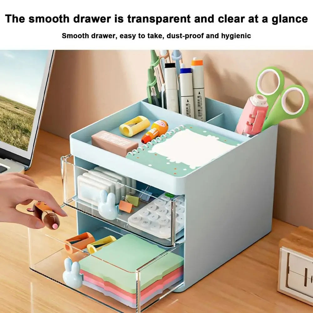 Transparent Drawer Cartoon Rabbit Storage Box - 2-Layer Creative Pen Holder for Kids' Cosmetics and Stationery